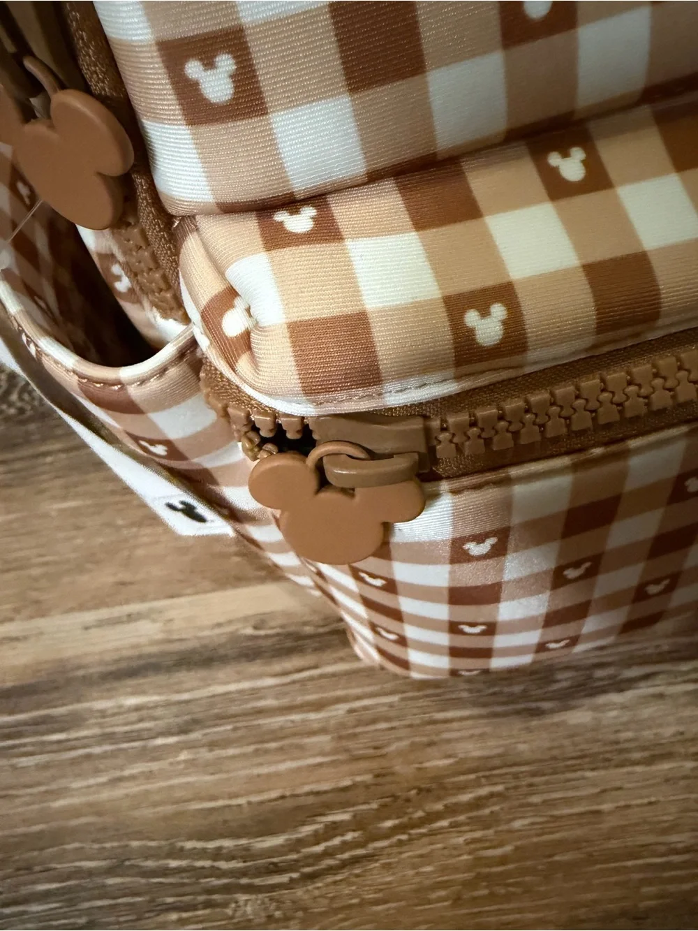Freshly Picked Brown and Cream Gingham Diaper Backpack with Mickey Accent
